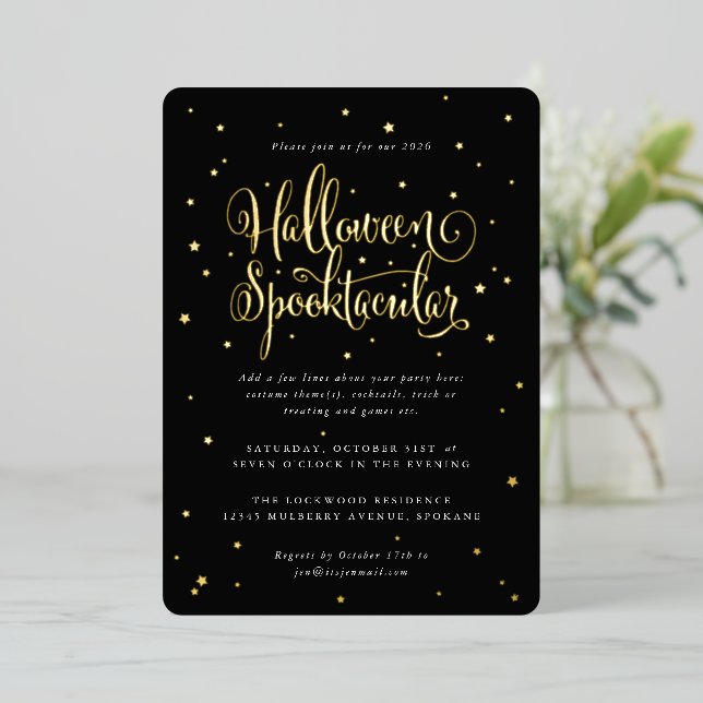 Invitation En Aluminium Élégant Halloween noir/or Spooktacular + étoiles (Debout devant)