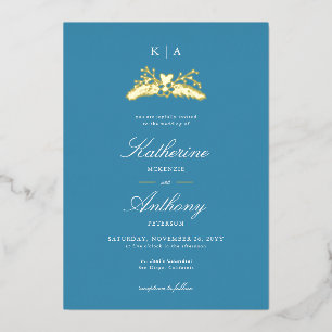 Invitation En Aluminium Élégant Hiver Blue Gold Heart Monogrammes Mariage