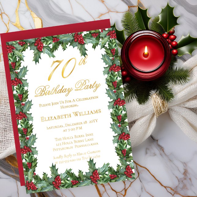 Invitation En Aluminium Elegant Holly | Berries Frame 70e fête d'anniversa (Elegant Holly and Berries Frame 70th Birthday Party Real Gold Foil Invitations)