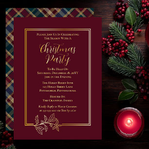 Invitation En Aluminium Elegant Holly   Berries Rich Plaid Noël