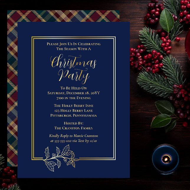 Invitation En Aluminium Elegant Holly | Berries Rich Plaid Noël (Elegant Holly and Berries with Rich Plaid Christmas Party Foil Invitations - Dark Blue)