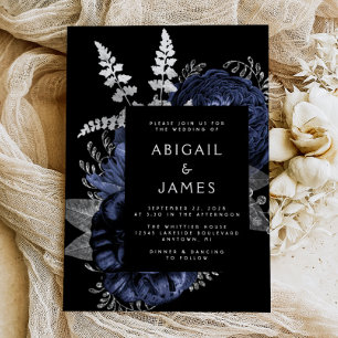 Invitation En Aluminium Élégant Humeur Sombre Floral Bleu Marine Argent Ma