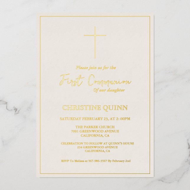 Invitation En Aluminium Élégant ivoire et or Première communion sainte (Recto)