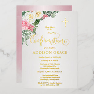 Invitation En Aluminium Elégant jardin Rose - Confirmation fille - Or