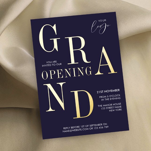 Invitation En Aluminium Élégant lancement d'entreprise Logo d'entreprise M (Stand out and impress with these navy blue and real gold foil business launch event invitations)
