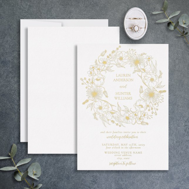 Invitation En Aluminium Elégant Line Art Floral Wreath Mariage Gold (Créateur téléchargé)