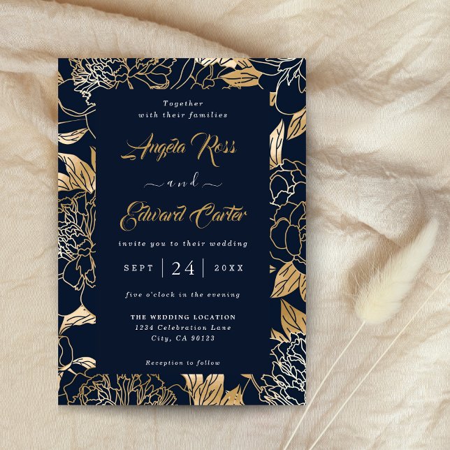 Invitation En Aluminium Elégant Luxury Gold Florals Mariage (Créateur téléchargé)