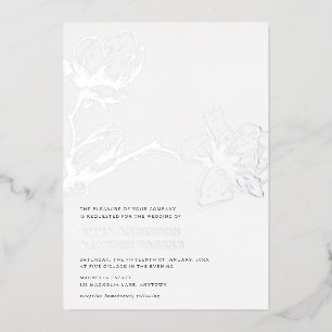 Invitation En Aluminium Élégant Magnolia Mariage gracieux Blanc + Argent