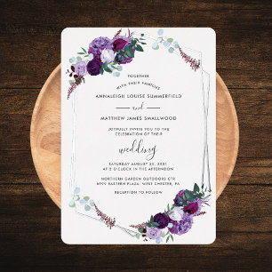 Invitation En Aluminium Élégant mariage argent or rose floral pourpre