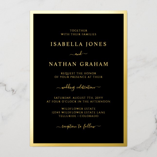 Invitation En Aluminium Élégant Mariage Black Gold (Recto)