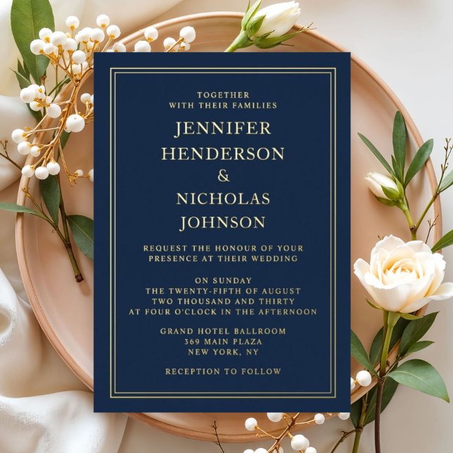 Invitation En Aluminium Élégant Mariage bleu marine Bleu Gold (Elegant Formal Navy Blue Wedding Gold Foil Foil Invitation)