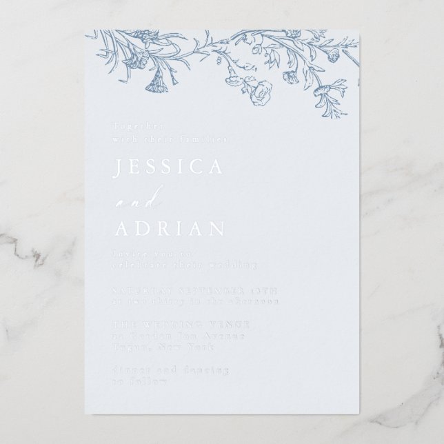 Invitation En Aluminium Elégant Mariage Bleu Victorien Argent (Recto)