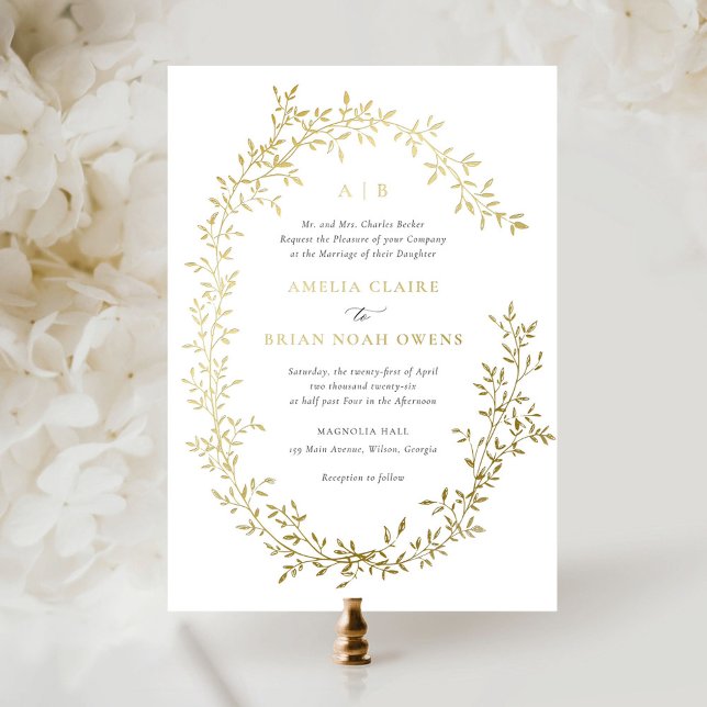 Invitation En Aluminium Élégant Mariage botanique de couronne d'or de cour (Créateur téléchargé)