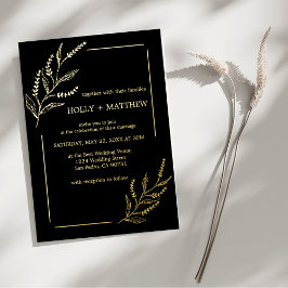 Invitation En Aluminium Élégant Mariage Botanique Noir Or Véritable