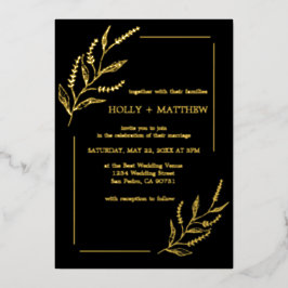Invitation En Aluminium Élégant Mariage botanique noir Real Gold