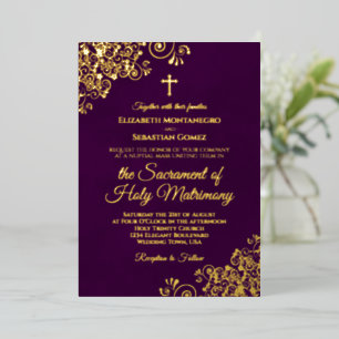 Invitation En Aluminium Élégant Mariage catholique prune violet & or