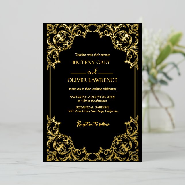 Invitation En Aluminium Elégant Mariage damassé noir et or (Debout devant)