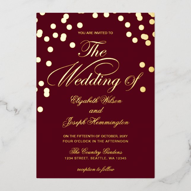 Invitation En Aluminium Élégant Mariage de Confetti Or Bourgogne (Recto)