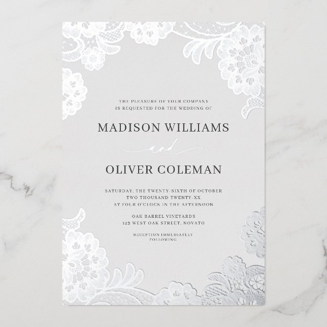 Invitation En Aluminium Élégant Mariage de dentelle gris + huile d'argent  (Recto)
