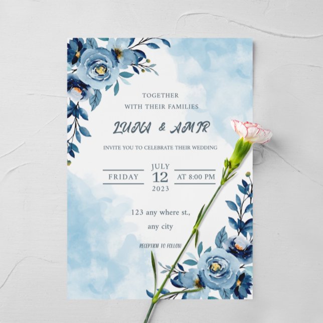 Invitation En Aluminium élégant mariage de fleurs bleu aquarelle (Créateur téléchargé)