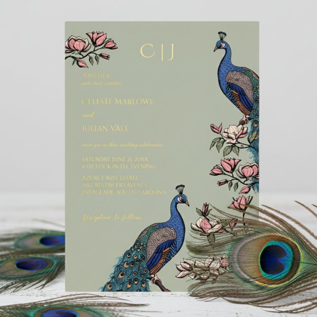 Invitation En Aluminium Élégant Mariage de paon floral (Elegant Sage Green Wedding Invitations. Trendy Floral Blue Peacock, Teal Feathers, Magnolia Flowers)