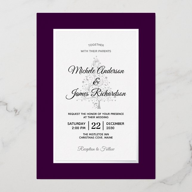 Invitation En Aluminium Élégant Mariage de vacances d'hiver violet (Recto)