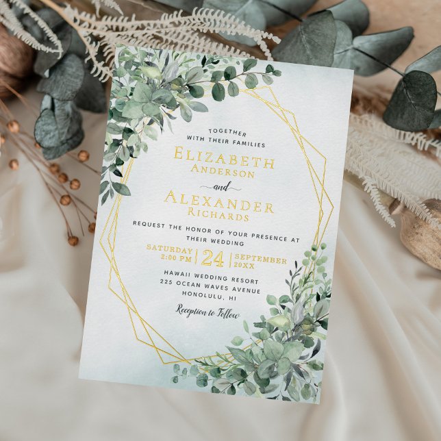 Invitation En Aluminium Elégant Mariage de verdure Eucalyptus Gold Foil (Créateur téléchargé)