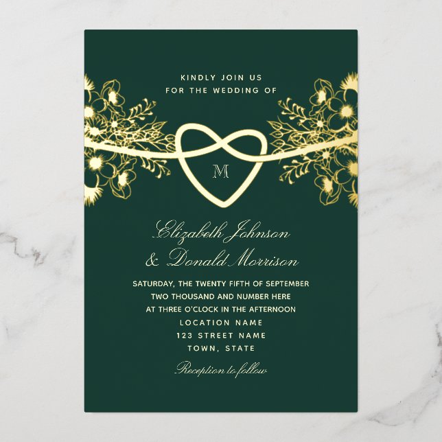 Invitation En Aluminium Élégant Mariage Emerald Green Gold (Recto)