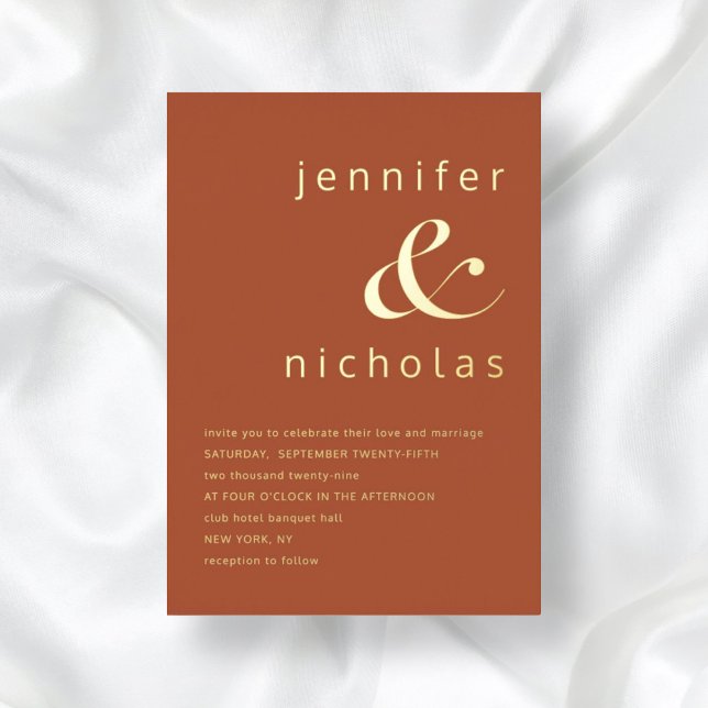 Invitation En Aluminium Élégant Mariage en terre cuite or (Front / Elegant Gold Terracotta Ampersand Wedding Foil Invitation)