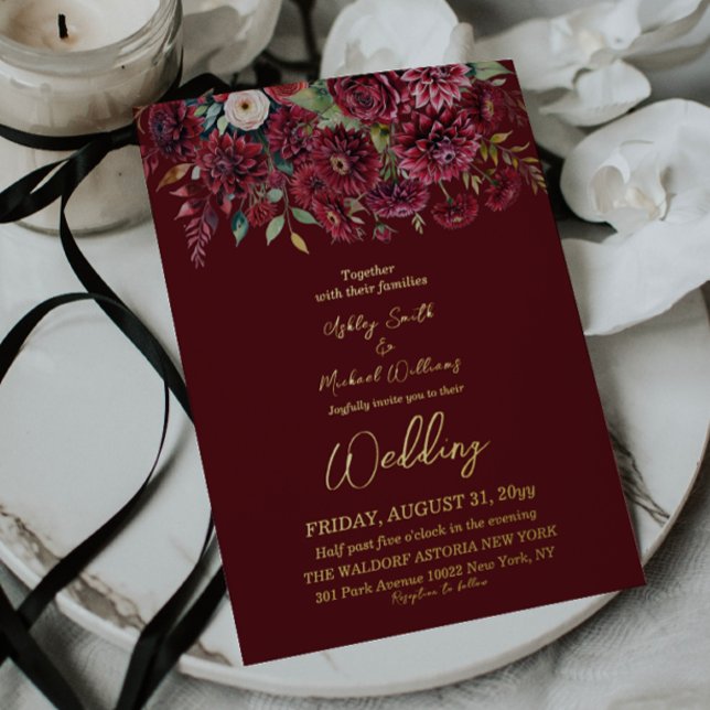Invitation En Aluminium Élégant Mariage floral de la fleur bourguignonne (Créateur téléchargé)