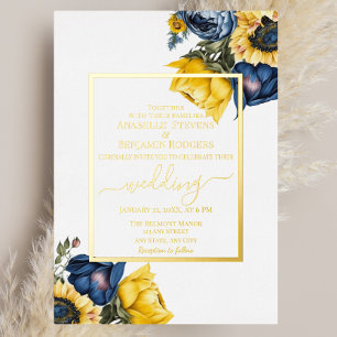 Invitation En Aluminium Élégant Mariage floral jaune et bleu