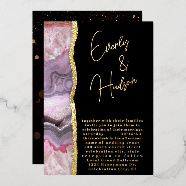 Invitation En Aluminium Élégant Mariage Galaxy Géode Rose & Or (Recto/Verso)