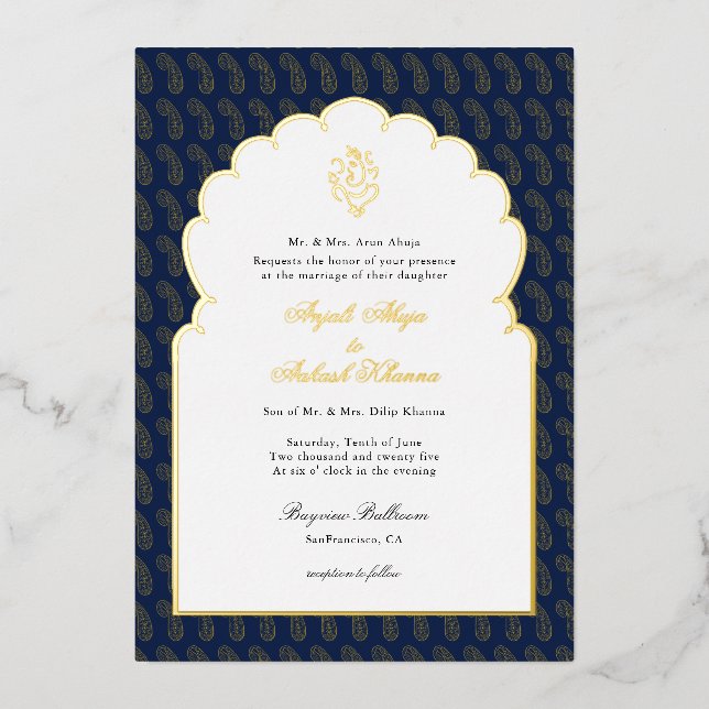 Invitation En Aluminium Élégant mariage indien Ganesh bleu foncé et or (Recto)