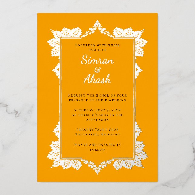 Invitation En Aluminium Élégant mariage indien orange et argent (Recto)