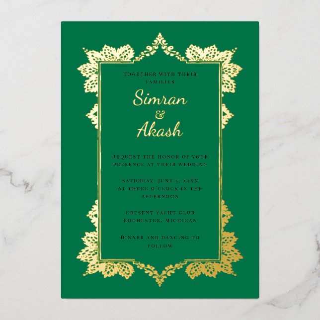 Invitation En Aluminium Élégant mariage indien vert émeraude (Recto)