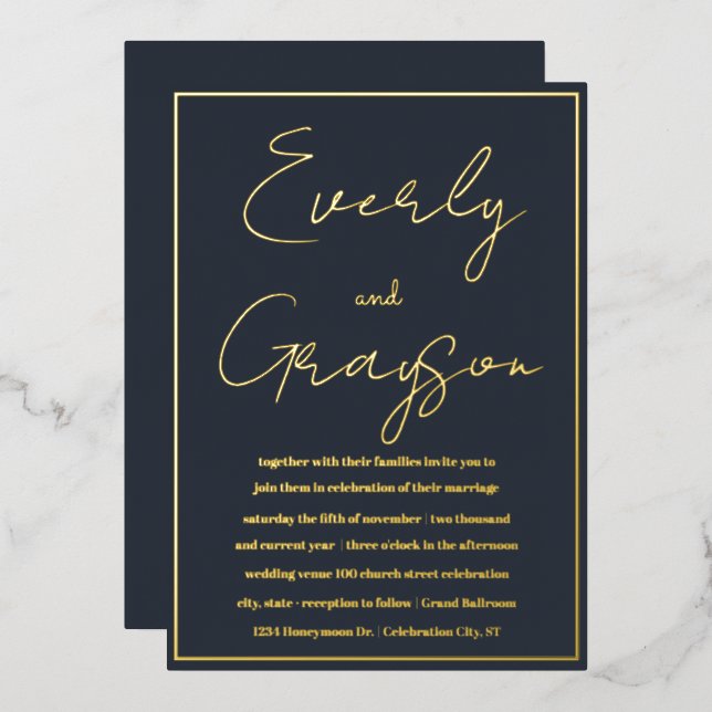 Invitation En Aluminium Élégant Mariage Indigo Blue & Gold (Recto/Verso)