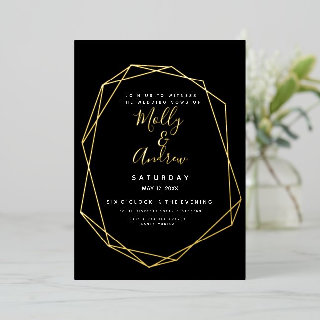 Invitation En Aluminium Elégant Mariage moderne géométrique noir & or (Debout devant)