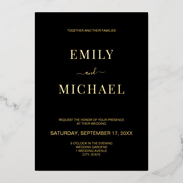 Invitation En Aluminium Élégant Mariage moderne noir et or (Recto)