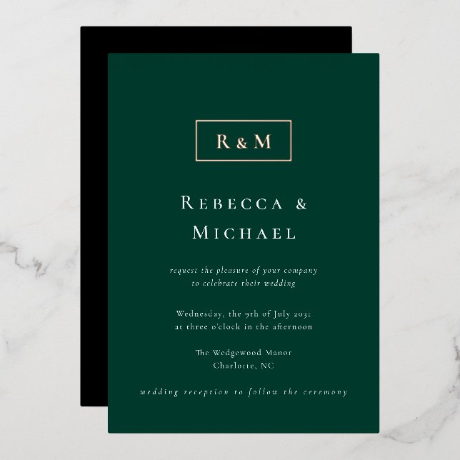 Invitation En Aluminium Élégant Mariage Monogramme Emerald Green (Recto/Verso)