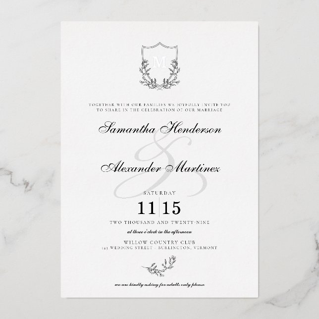Invitation En Aluminium Élégant Mariage noir et blanc (Recto)