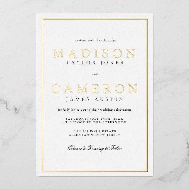 Invitation En Aluminium Élégant Mariage noir et blanc (Recto)