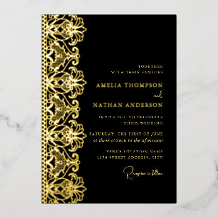 Invitation En Aluminium Élégant Mariage Noir Or Broderie Anglaise Feuille 
