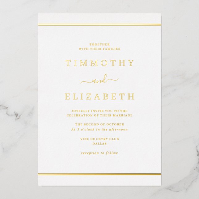 Invitation En Aluminium Élégant Mariage or simple (Recto)
