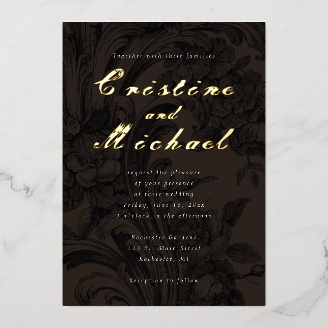 Invitation En Aluminium Élégant mariage ornemental fleurs or (Recto)