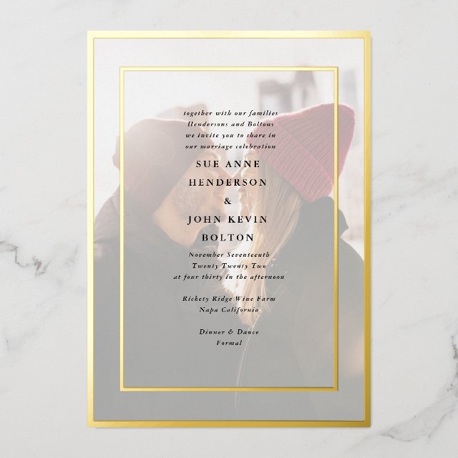 Invitation En Aluminium Élégant Mariage photo format Pressé Or encadré (Recto)