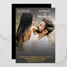 Élégant Mariage photo noir blanc & or Foil Inv