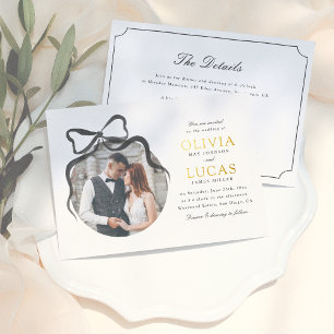 Invitation En Aluminium Élégant Mariage photo tout-en-un noir et blanc Bow