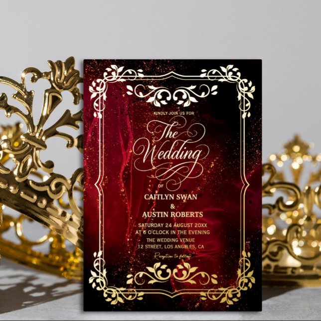 Invitation En Aluminium Élégant Mariage rouge et or orné (Real Gold Foil Elegant wedding invitation #royal #redandgold #decorative #luxuryinvitation)