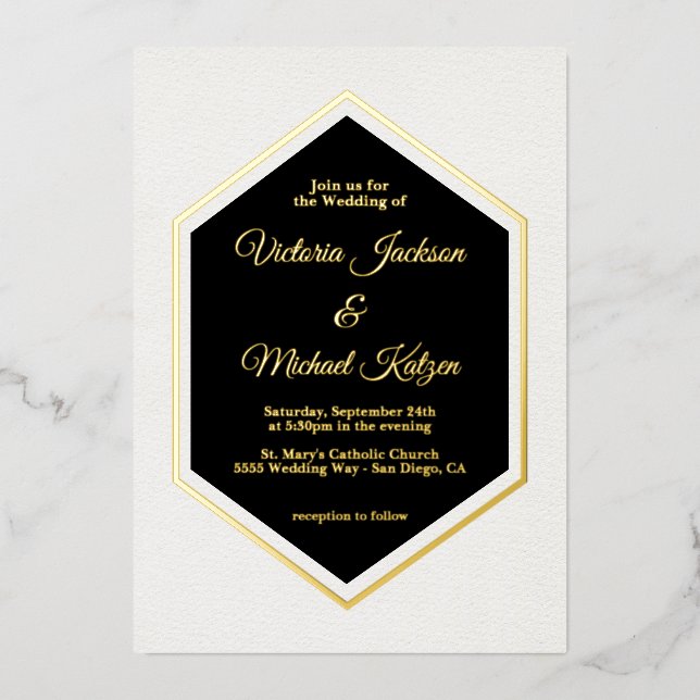 Invitation En Aluminium Élégant Mariage traditionnel Black & Gold Foil (Recto)