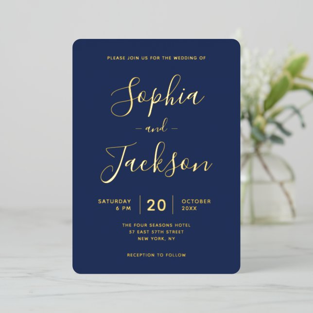 Invitation En Aluminium Elégant Mariage véritable or ou argent et marine (Debout devant)
